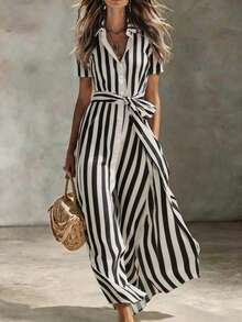 Glimmora Striped High Waist Drawstring Shirt Dress Women's Dress - Black and White - View 3