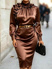 GlowEve CURVE Plus Ruffle Trim Mock Neck Ruched Satin Dress Without Belt Fall - Brown - View 3