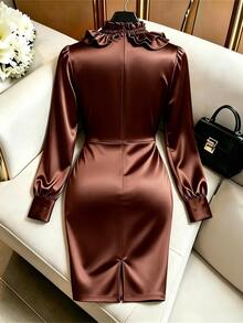 GlowEve CURVE Plus Ruffle Trim Mock Neck Ruched Satin Dress Without Belt Fall - Brown - View 2