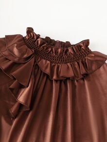GlowEve CURVE Plus Ruffle Trim Mock Neck Ruched Satin Dress Without Belt Fall - Brown - View 5