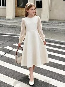 SHEIN Tween女孩純色長袖返校舞會禮服 女童服飾 8至12歲 萬聖節套裝 - 杏色 - 查看 9