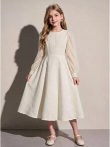 SHEIN Tween女孩純色長袖返校舞會禮服 女童服飾 8至12歲 萬聖節套裝 - 杏色 - 查看 3