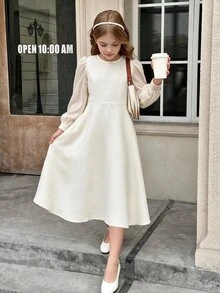 SHEIN Tween女孩純色長袖返校舞會禮服 女童服飾 8至12歲 萬聖節套裝 - 杏色 - 查看 8