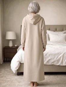 Zayélia Autumn/Winter Casual Solid Color Hooded Long Dress Brunch Beige - Khaki - View 2