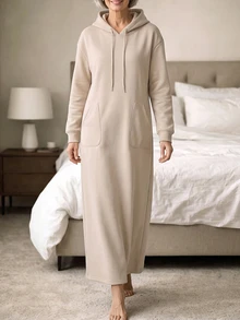 Zayélia Autumn/Winter Casual Solid Color Hooded Long Dress Brunch Beige - Khaki - View 3