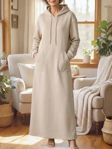 Zayélia Autumn/Winter Casual Solid Color Hooded Long Dress Brunch Beige - Khaki - View 1