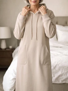 Zayélia Autumn/Winter Casual Solid Color Hooded Long Dress Brunch Beige - Khaki - View 7