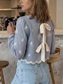 Serisse 女款條紋刺繡後背打結設計休閒襯衫 - 藏蓝色 - 查看 3