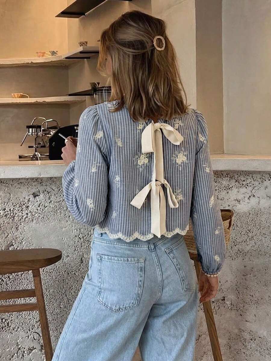 Serisse 女款條紋刺繡後背打結設計休閒襯衫 - 藏蓝色 - 查看 1
