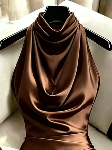 SHEIN Franclia 優雅黑色無袖女款晚禮服，小立領微垂領設計，修身魚尾下擺，抽褶腰部，四季皆宜，適合商務休閒與派對穿著 - 棕色 - 查看 4
