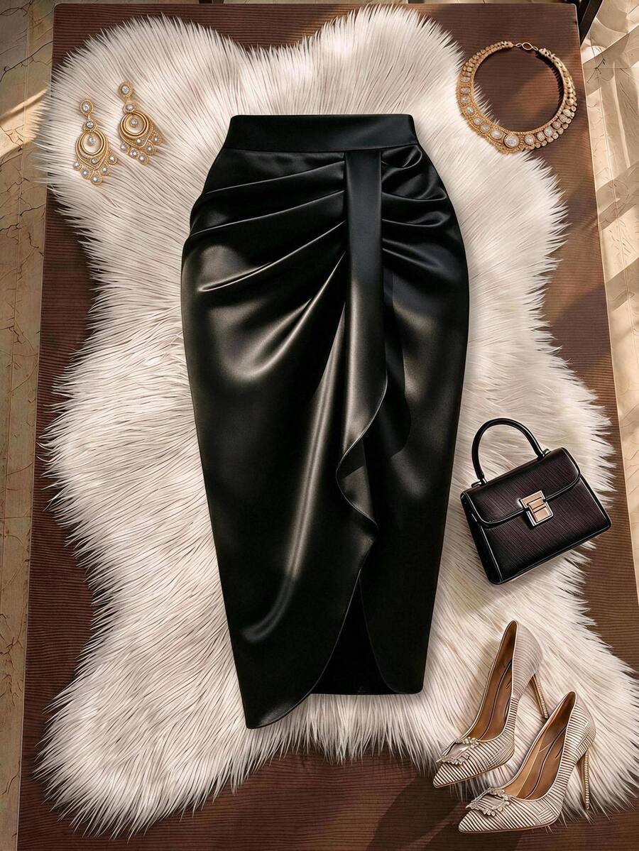 GlowEve CURVE Women's Plus Size Solid Color Pleated Fashion Design Sexy Skirt - Black - View 1