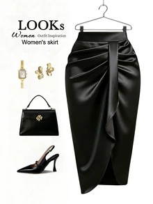 GlowEve CURVE Women's Plus Size Solid Color Pleated Fashion Design Sexy Skirt - Black - View 5