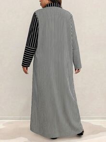 SHEIN Plus Size Women's Vacation Style Super Long Shirt Dress, Long Sleeve Shirt, Color Block And Stripe, Single-Breasted - Black - View 3