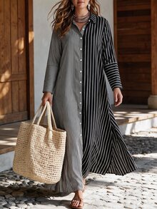 SHEIN Plus Size Women's Vacation Style Super Long Shirt Dress, Long Sleeve Shirt, Color Block And Stripe, Single-Breasted - Black - View 1
