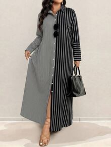 SHEIN Plus Size Women's Vacation Style Super Long Shirt Dress, Long Sleeve Shirt, Color Block And Stripe, Single-Breasted - Black - View 9