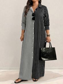 SHEIN Plus Size Women's Vacation Style Super Long Shirt Dress, Long Sleeve Shirt, Color Block And Stripe, Single-Breasted - Black - View 5