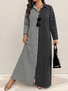 SHEIN Plus Size Women's Vacation Style Super Long Shirt Dress, Long Sleeve Shirt, Color Block And Stripe, Single-Breasted - Black - View 7