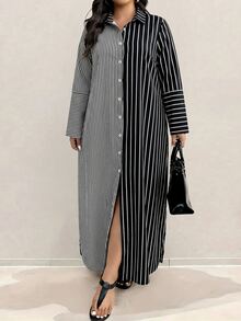 SHEIN Plus Size Women's Vacation Style Super Long Shirt Dress, Long Sleeve Shirt, Color Block And Stripe, Single-Breasted - Black - View 4