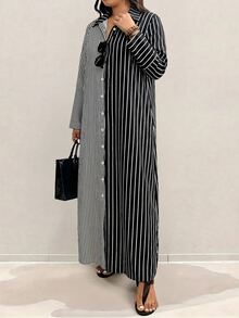 SHEIN Plus Size Women's Vacation Style Super Long Shirt Dress, Long Sleeve Shirt, Color Block And Stripe, Single-Breasted - Black - View 6