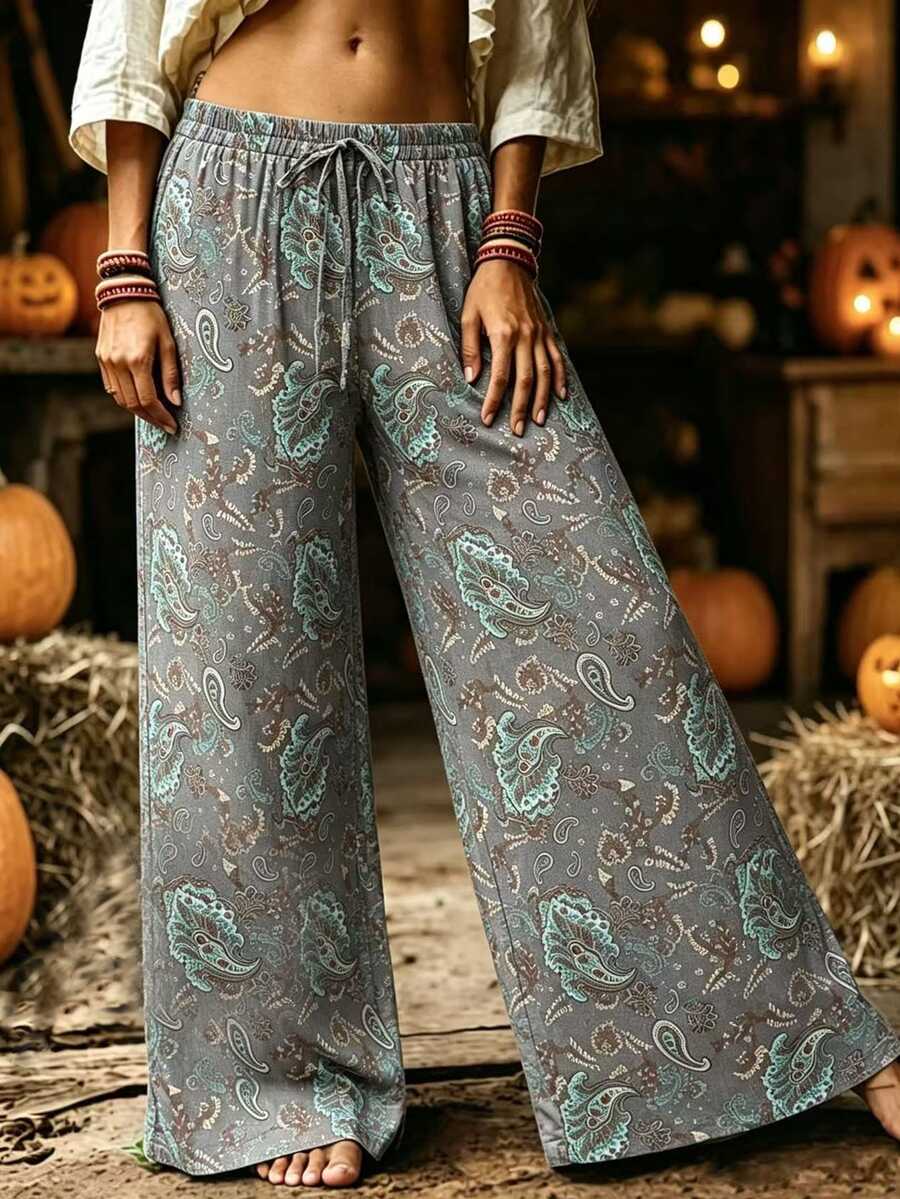 SHEIN LUNE CURVE Ms Big Yards鄉村俱樂部直筒棉質長褲 - 灰色 - 查看 1