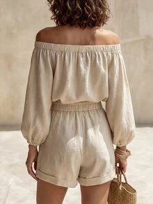 Glimmora Jumpsuit Wanita Lengan Panjang Model Bahu Terbuka dengan Lipatan di Bagian Bawah - Aprikot - View 2