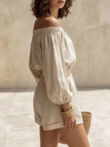 Glimmora Jumpsuit Wanita Lengan Panjang Model Bahu Terbuka dengan Lipatan di Bagian Bawah - Aprikot - View 5