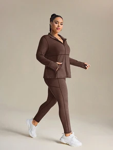 SHEIN Rhythm Era 女士加大码立领拉链长袖上衣和打底裤休闲日常户外运动套装 - 咖啡棕 - 查看 6