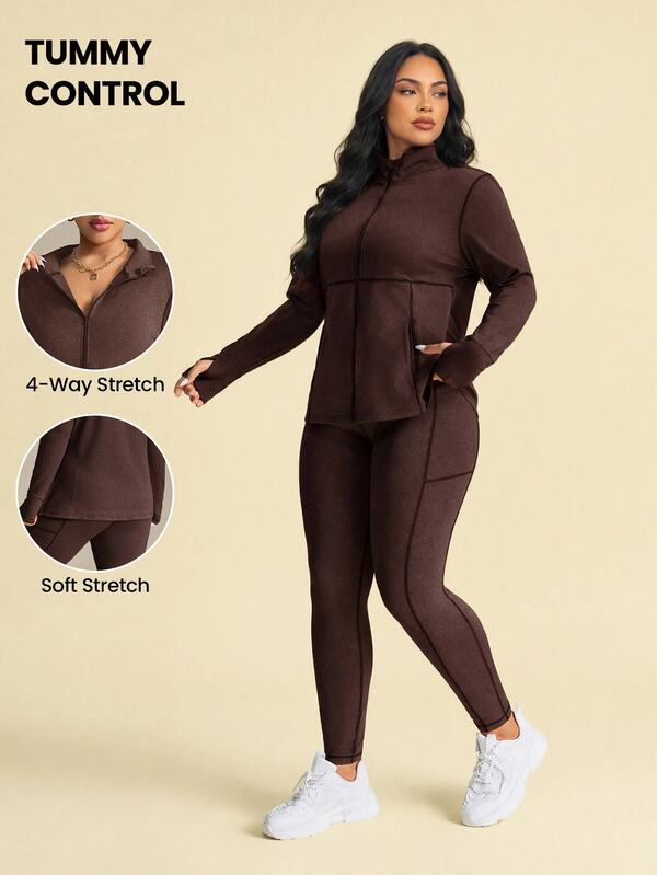 SHEIN Rhythm Era Women's Plus Size Stand Collar Zip-Up Long Sleeve Top And Leggings Casual Everyday Outdoor Sports Suit Fall