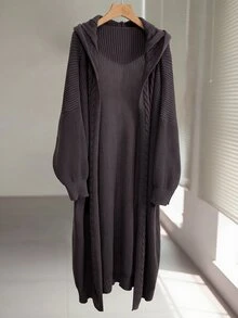 Easowa Curve Plus Size Women's Solid Color Casual Versatile Hooded Jacket - Brown - View 1