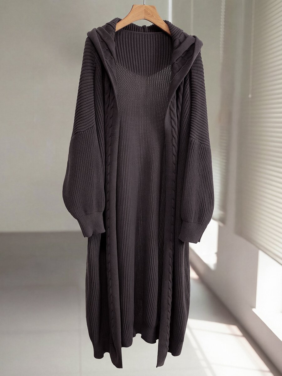 Easowa Curve Plus Size Women's Solid Color Casual Versatile Hooded Jacket - Brown - View 1