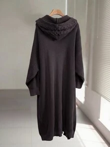 Easowa Curve Plus Size Women's Solid Color Casual Versatile Hooded Jacket - Brown - View 2