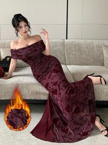 Modelyn Dark Purple Flocked Print Contrast Mesh Off-Shoulder Pleated Elegant Sexy Elegant Dress For Women Dinner Cocktail Autumn - Burgundy - View 9