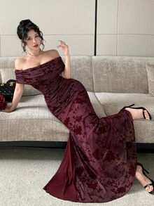 Modelyn Dark Purple Flocked Print Contrast Mesh Off-Shoulder Pleated Elegant Sexy Elegant Dress For Women Dinner Cocktail Autumn - Burgundy - View 7
