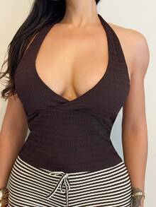 Shopreo Women's Sexy Solid Color Backless Halter Top, Summer - قهوة بني - مشاهدة 5