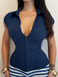 Shopreo Summer White Textured Collared Fitted Slim Fit Chest Button Sexy Office Lady Cotton Striped Short Sleeve Shirt - Navy Blue - View 4