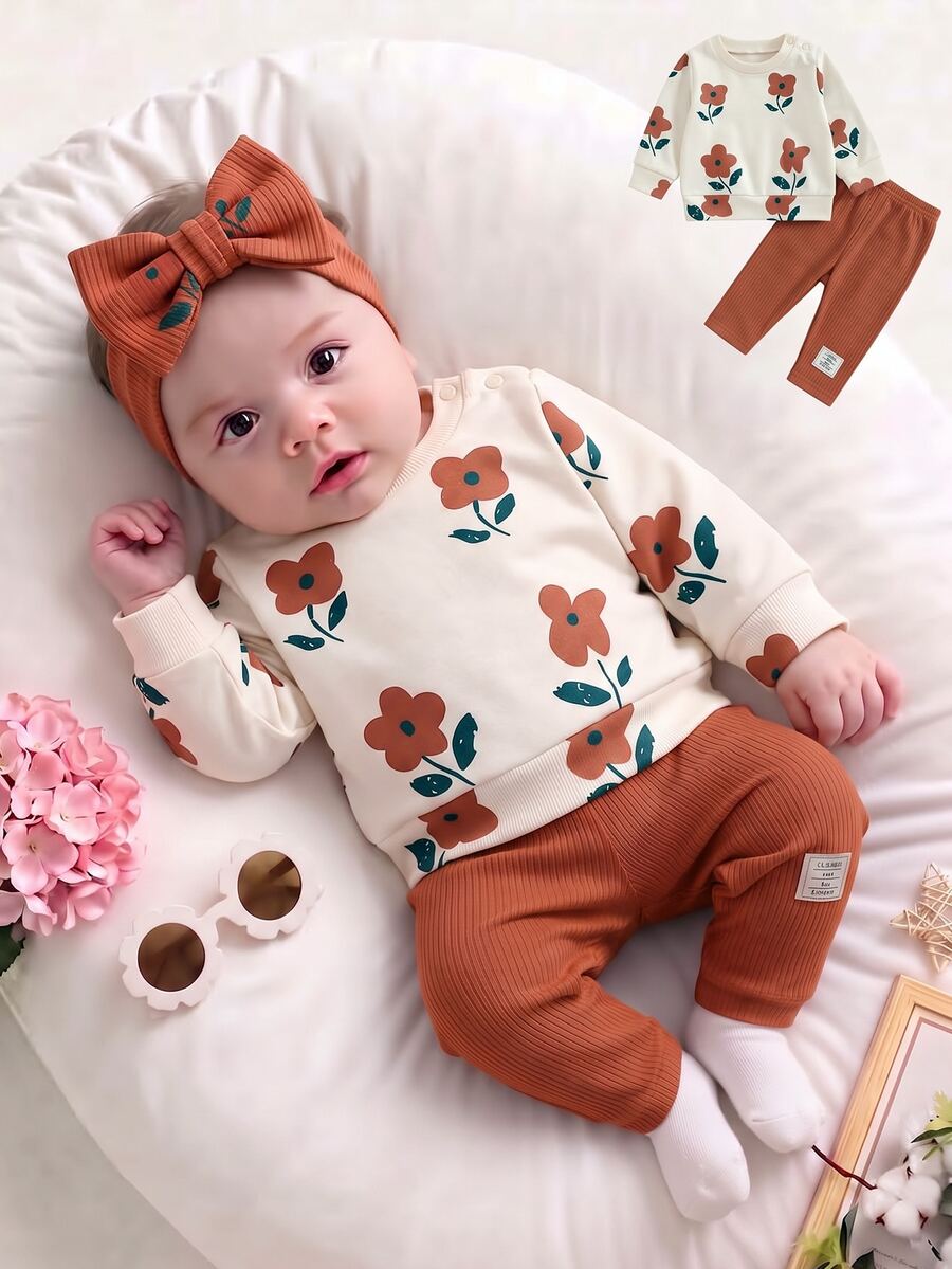SHEIN 2pcs Baby Girls Autumn New Outfit, Brown Floral Print Long Sleeve Snap Shoulder Top & Relaxed Fit Pants, Tankini Vintage Chic Matching Set Fall Winter