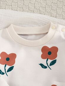 SHEIN 2pcs Baby Girls Autumn New Outfit, Brown Floral Print Long Sleeve Snap Shoulder Top & Relaxed Fit Pants, Tankini Vintage Chic Matching Set Fall Winter - Brown - View 7