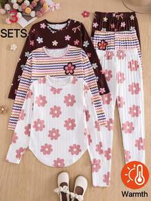 SHEIN 青少年女孩 T-shirt 套裝，3 件組粉色，短袖上衣 + 長褲 2 件套，寬鬆版型，秋冬保暖，時尚百搭，休閒，領口，圓領，日常，可愛，印花，蝴蝶結，舒適，條紋 - 彩色 - 查看 8