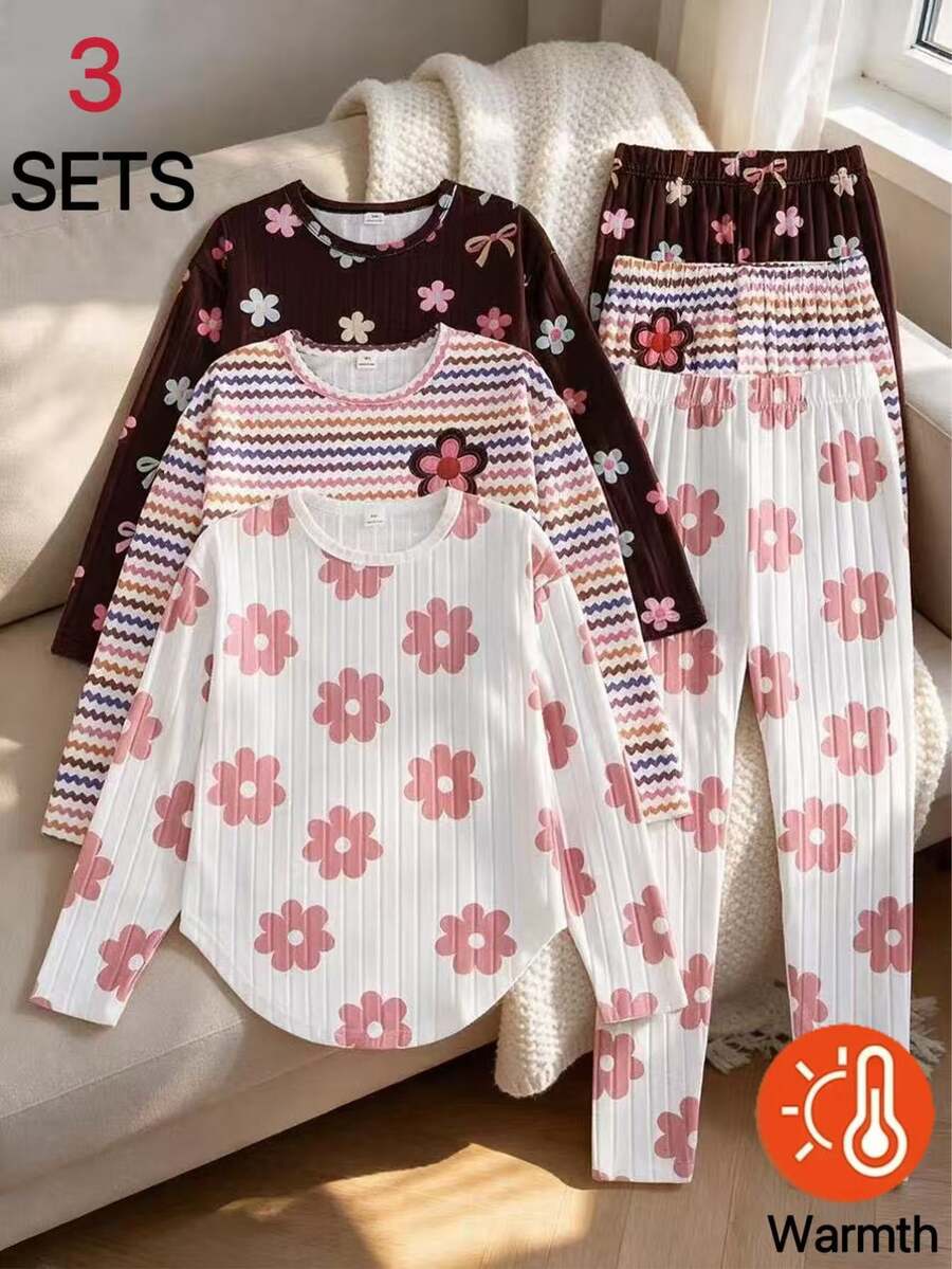 SHEIN 青少年女孩 T-shirt 套裝,3 件組粉色,短袖上衣 + 長褲 2 件套,寬鬆版型,秋冬保暖,時尚百搭,休閒,領口,圓領,日常,可愛,印花,蝴蝶結,舒適,條紋 - 彩色 - 查看 1