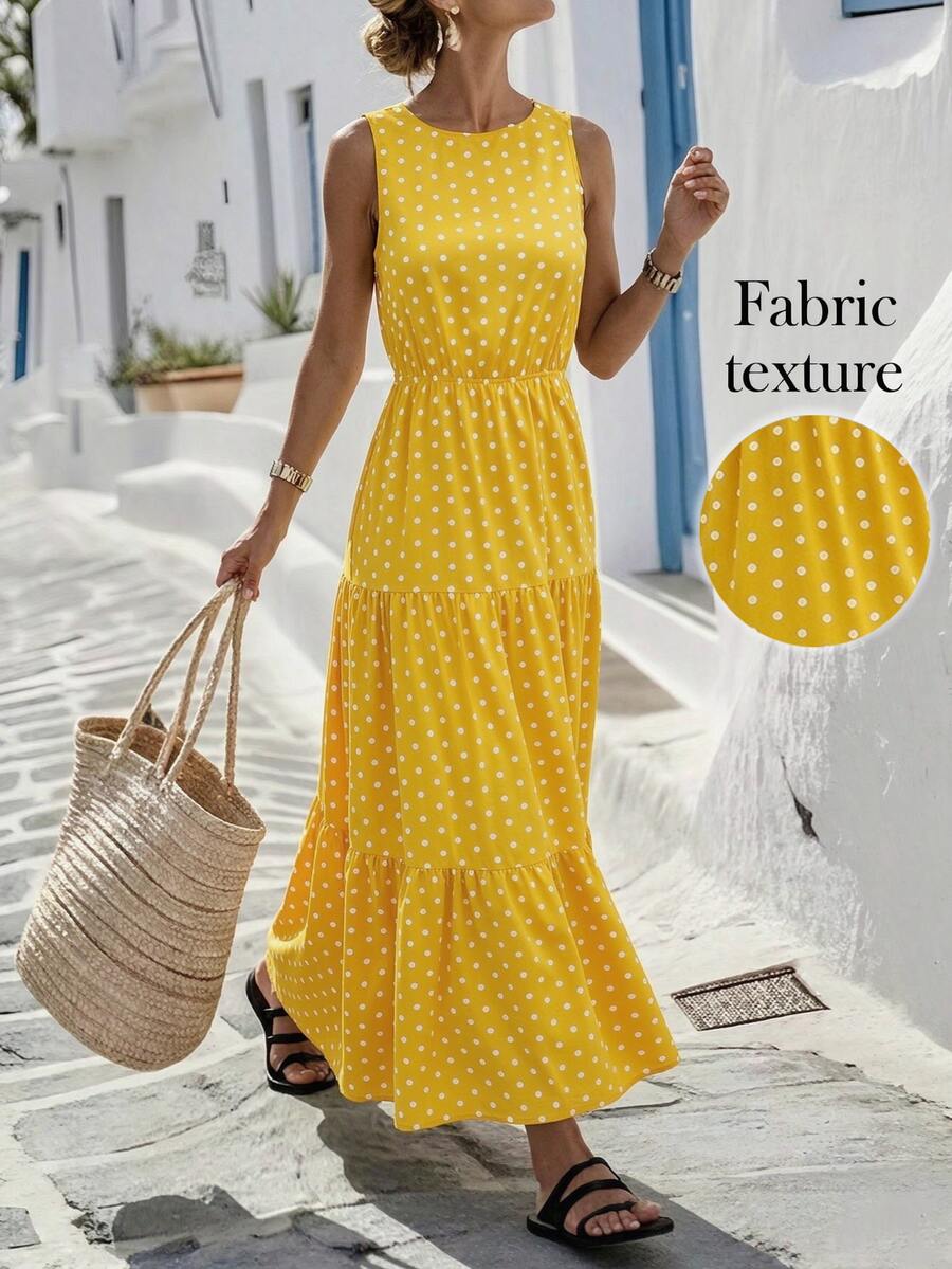 Louniche Polka Dot Yellow Sleeveless Ruffle Hem A-Line Dress Maxi Women Outfit Vacation Summer Old Money Casual - Yellow - View 1