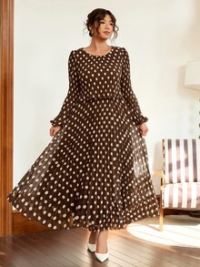 Vionelle 大码女士优雅波点雪纺灯笼袖连衣裙，秋冬复古连衣裙，法式波点连衣裙，波点连衣裙，女士波点连衣裙，褶皱波点连衣裙，长袖连衣裙，棕色波点连衣裙 - 咖啡棕 - 查看 6