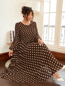 Vionelle 大码女士优雅波点雪纺灯笼袖连衣裙，秋冬复古连衣裙，法式波点连衣裙，波点连衣裙，女士波点连衣裙，褶皱波点连衣裙，长袖连衣裙，棕色波点连衣裙 - 咖啡棕 - 查看 8