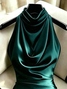 SHEIN Franclia 優雅黑色無袖長洋裝，小立領微垂領口，修身魚尾下擺，抓皺腰部，適合正式場合、商務休閒、派對穿著，4款可選 - 墨綠色 - 查看 4