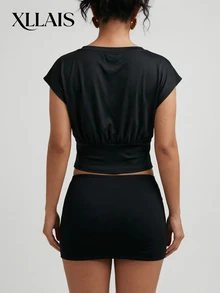 SHEIN Sweetro Women's Casual Versatile Ruched Waist Sports T-Shirt - Black - View 2