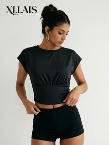 SHEIN Sweetro Women's Casual Versatile Ruched Waist Sports T-Shirt - Black - View 1