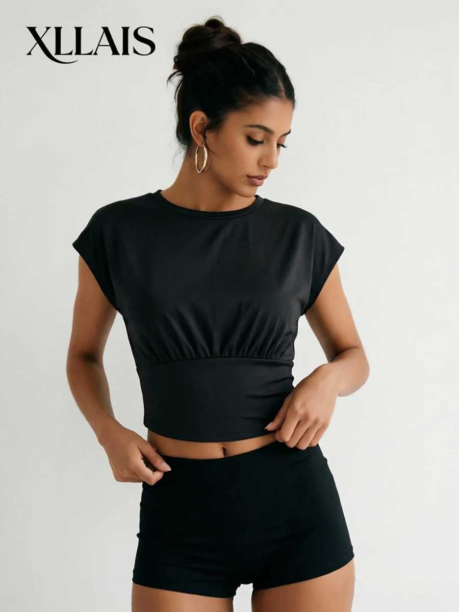 SHEIN Sweetro Women's Casual Versatile Ruched Waist Sports T-Shirt - Black - View 1
