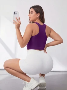 SHEIN Rhythm Era Women's Plus Size Solid Color Cropped Sports Tank Top - Violet Purple - View 3