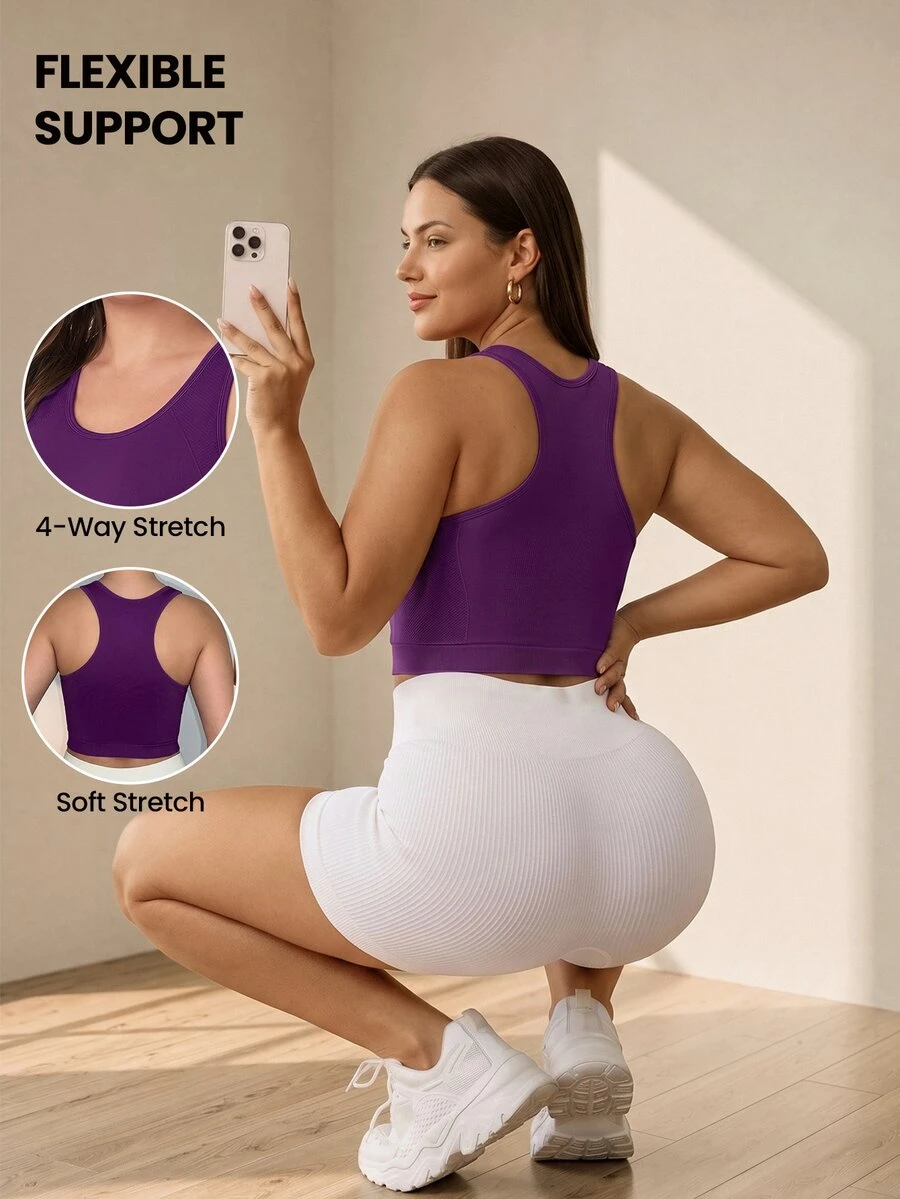 SHEIN Rhythm Era Women's Plus Size Solid Color Cropped Sports Tank Top - Violet Purple - View 1