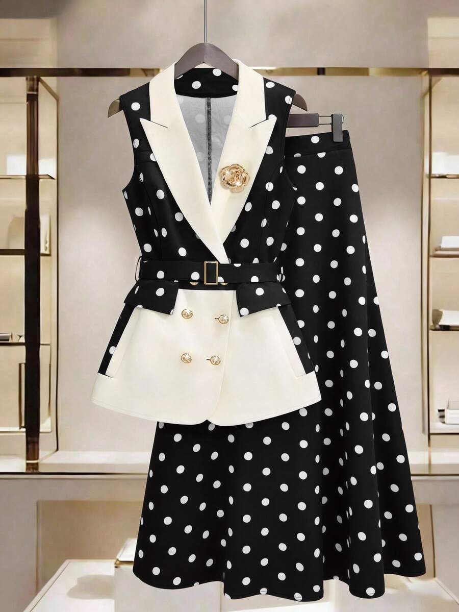 GlowEve CURVE Plus Size Women's Spring/Summer Classic Striped Patchwork Design Business Fashion Sleeveless Blazer And Minimalist A-Line Striped Mid-Length Skirt Suit Set, Business Commute Daily - Black and White - View 1