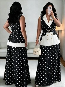 GlowEve CURVE Plus Size Women's Spring/Summer Classic Striped Patchwork Design Business Fashion Sleeveless Blazer And Minimalist A-Line Striped Mid-Length Skirt Suit Set, Business Commute Daily - Black and White - View 7